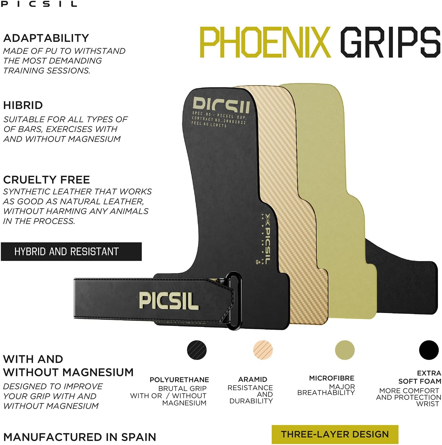 PicSil Phoenix Grips, Magnesium-Free, Fingerless Gloves for Cross Training, Gymnastics, WODs, Hand Protection from Rips and Blisters During Workouts and Weightlifting, Unisex