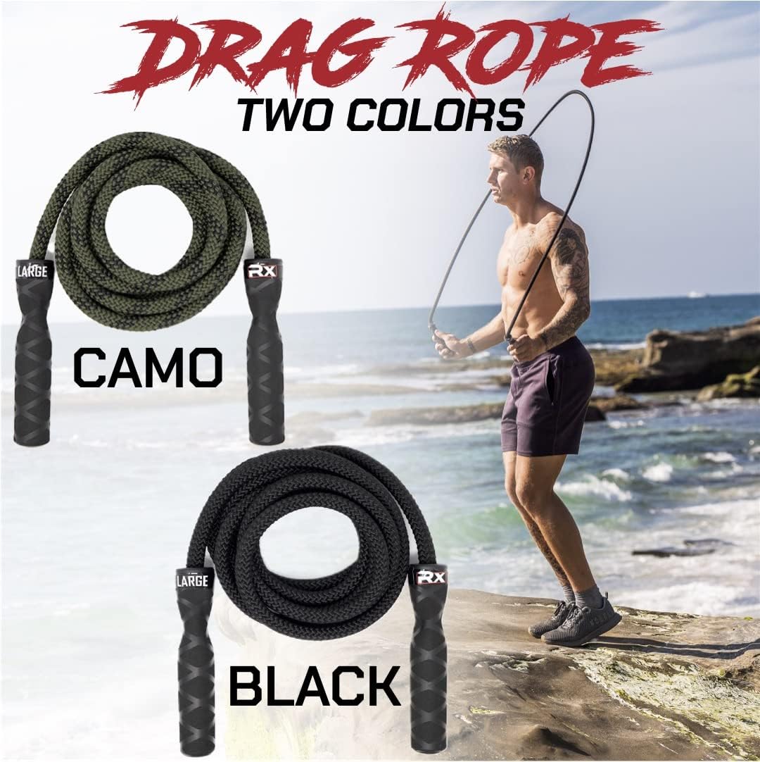 Rx Smart Gear Drag Jump Rope w/Non Slip Ergonomic Handles - Weighted Polypropylene Rope for Fitness & Exercise, Cardio Workout, WOD | Speed Jumping Rope for Men & Women